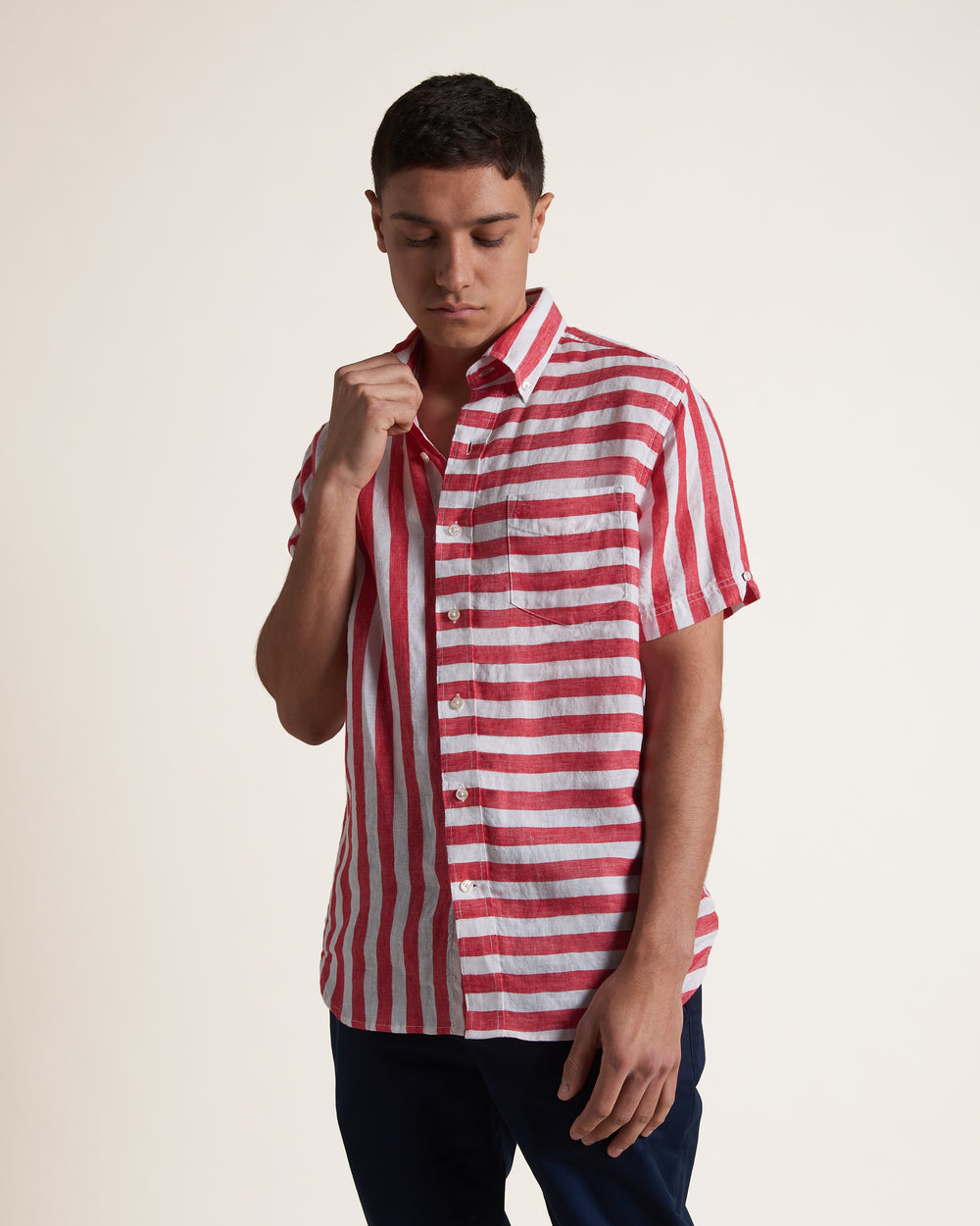 Chemises Ben Sherman B by Ben Sherman Candy Stripe Linen Short Sleeve Rose Rouge | SST-23554748